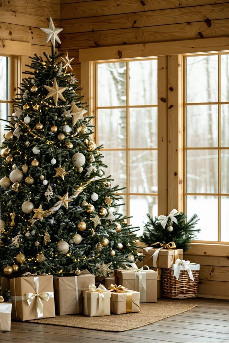 farmhouse style with wood bead garland, cotton stems, and rustic stars 1