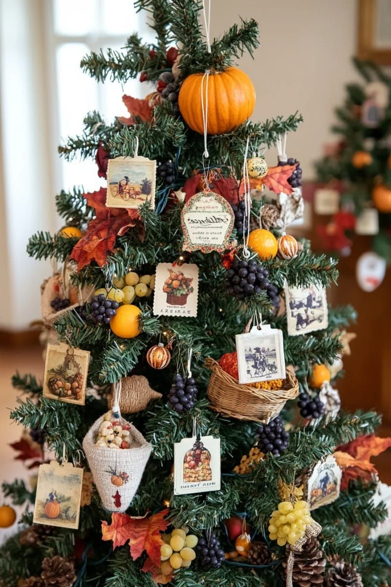 vintage fall postcards and mini cornucopia ornaments hanging from branches 1