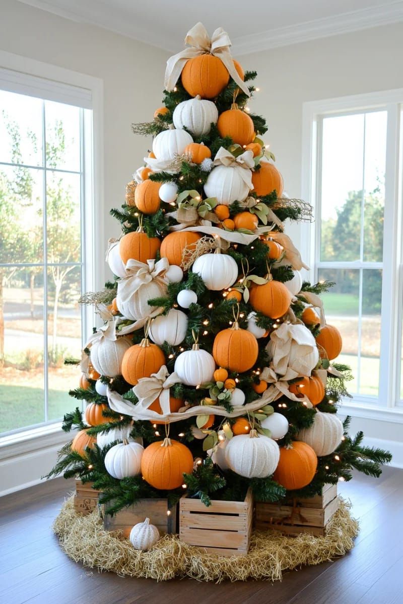 pumpkin patch themed tree with felt pumpkins and burlap bows 1