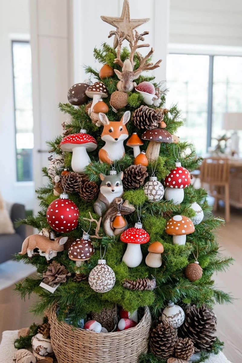 woodland-inspired tree with faux mushrooms, moss, and little woodland animals 1