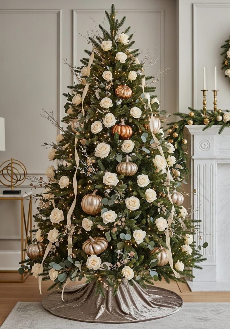 elegant tree with cream roses, metallic pumpkins, and twinkling lights 1