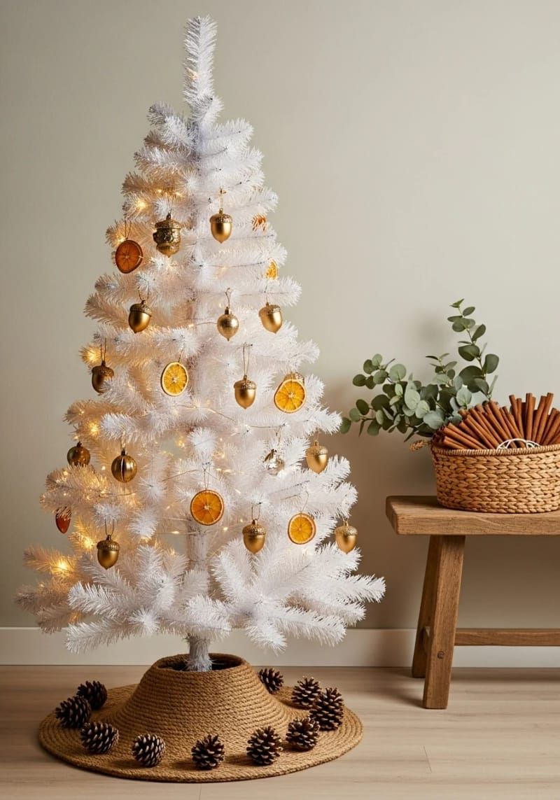 white christmas tree with gold acorns and dried orange slices 1