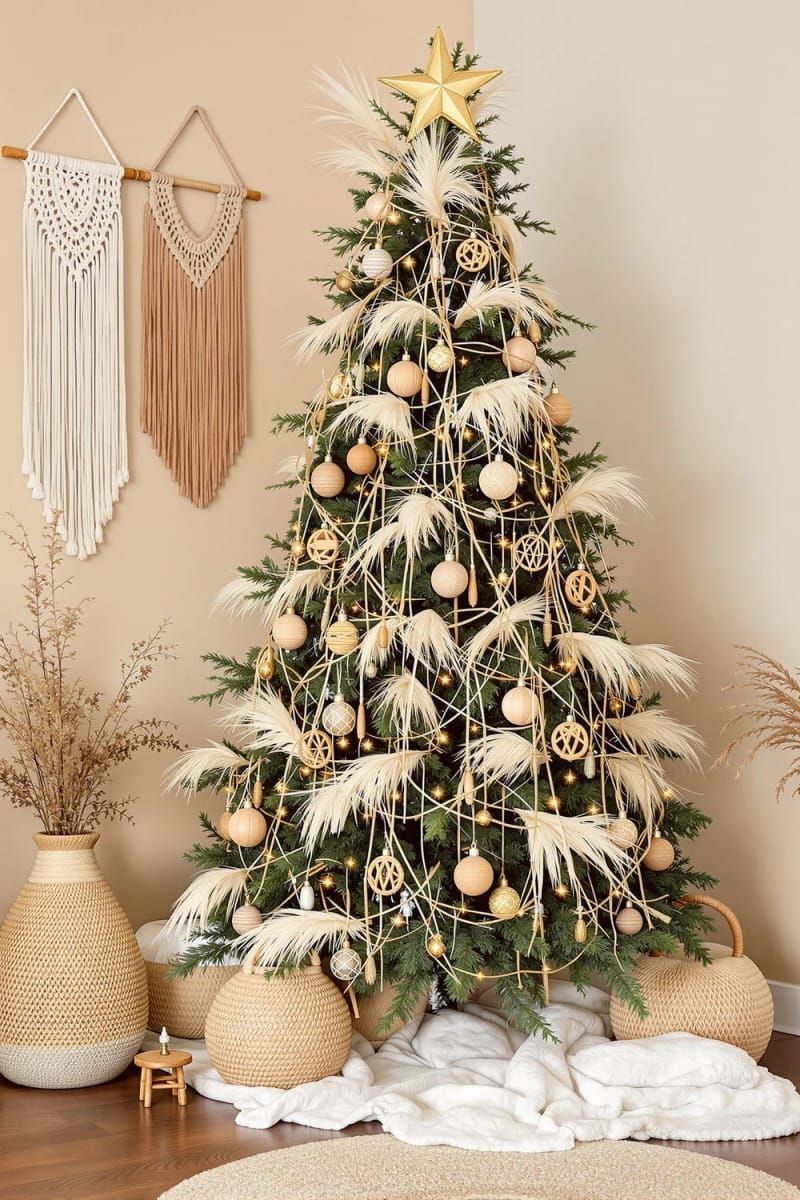 boho tree decorated with pampas grass, wheat, and natural twine 1
