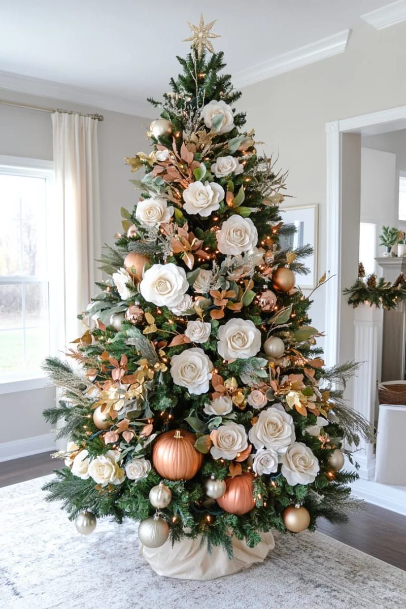 elegant tree with cream roses, metallic pumpkins, and twinkling lights 1