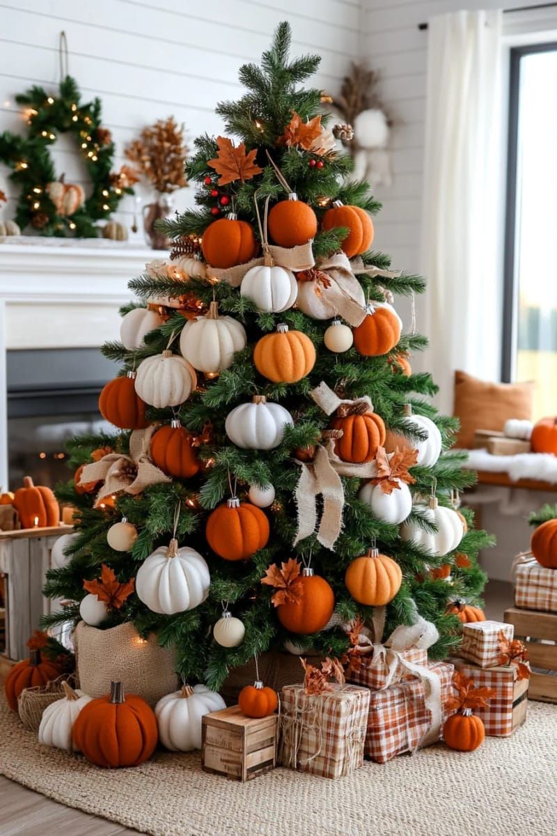 pumpkin patch themed tree with felt pumpkins and burlap bows 1