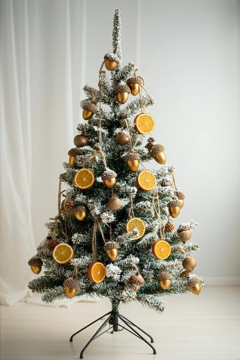 white christmas tree with gold acorns and dried orange slices 1