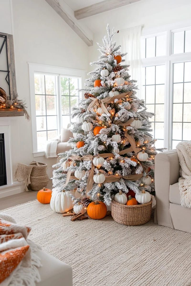 flocked tree with cinnamon sticks, pinecones, and mini pumpkins 1