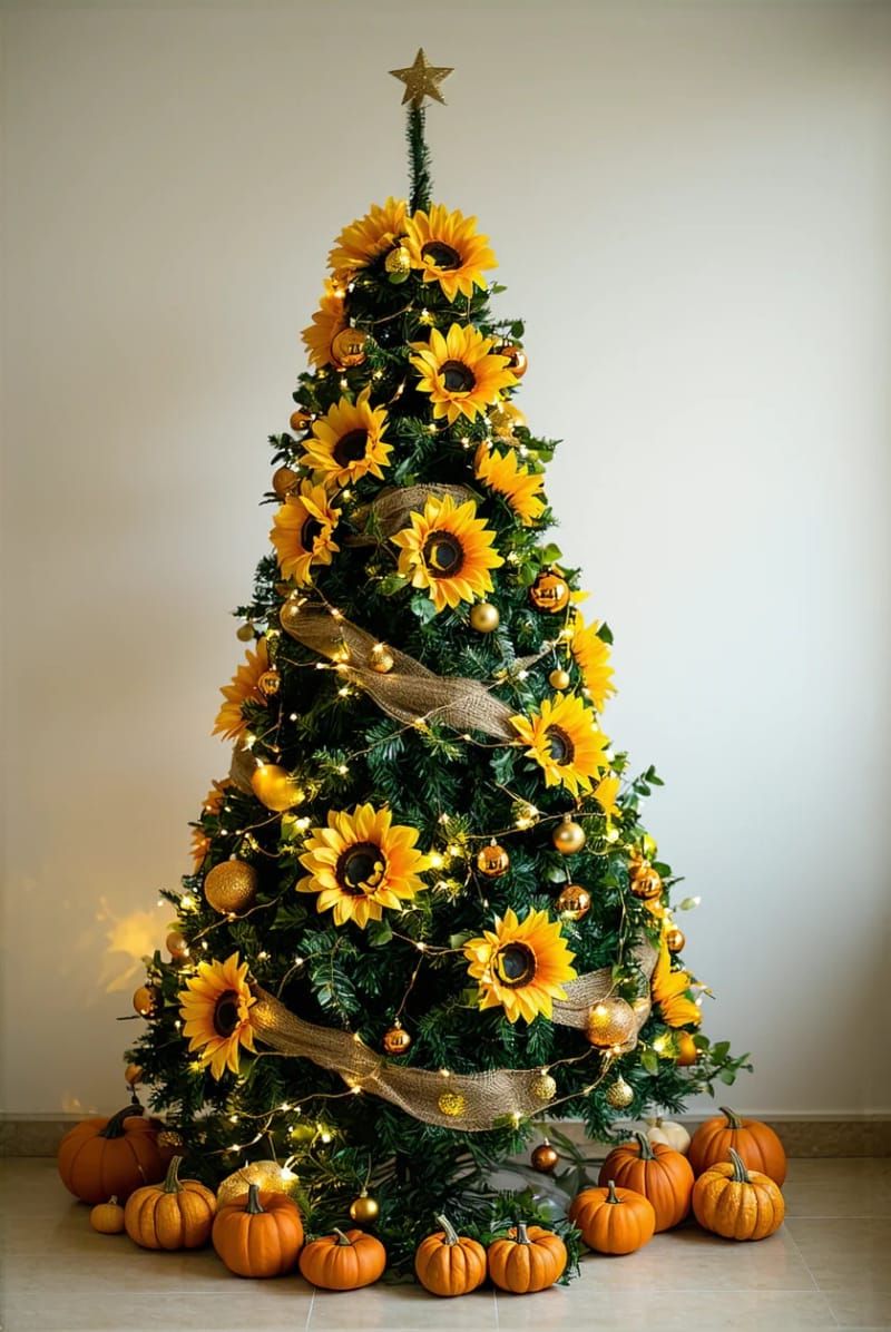 sunflower and pumpkin garland wrapped around a classic christmas tree 1