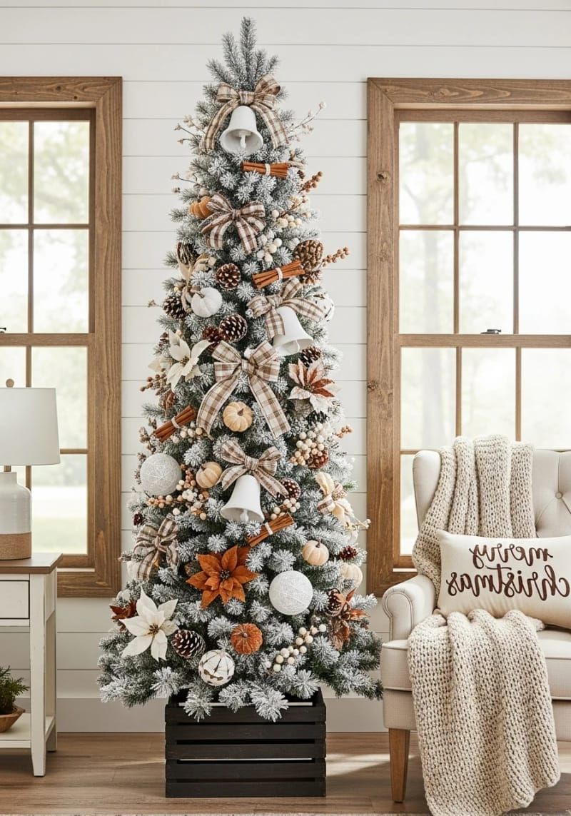 flocked tree with cinnamon sticks, pinecones, and mini pumpkins 1
