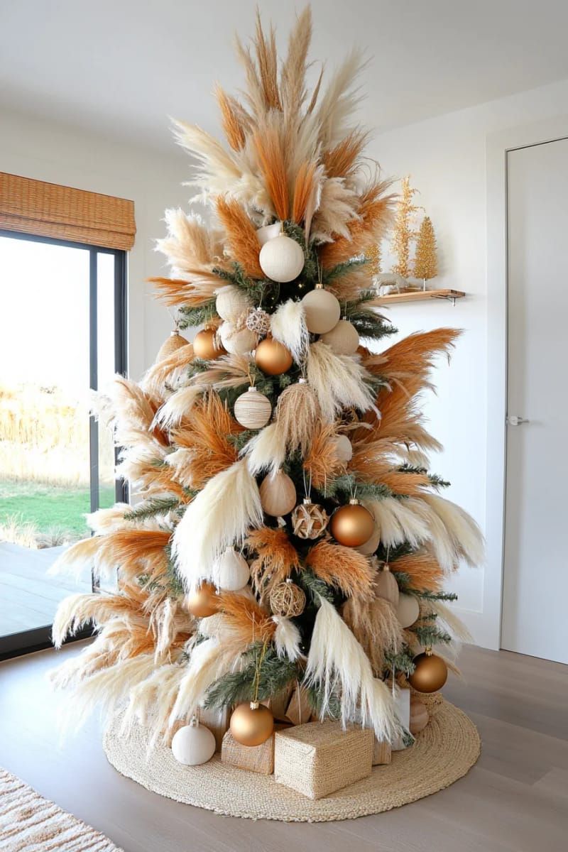boho tree decorated with pampas grass, wheat, and natural twine 1