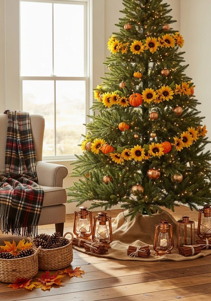 sunflower and pumpkin garland wrapped around a classic christmas tree 1