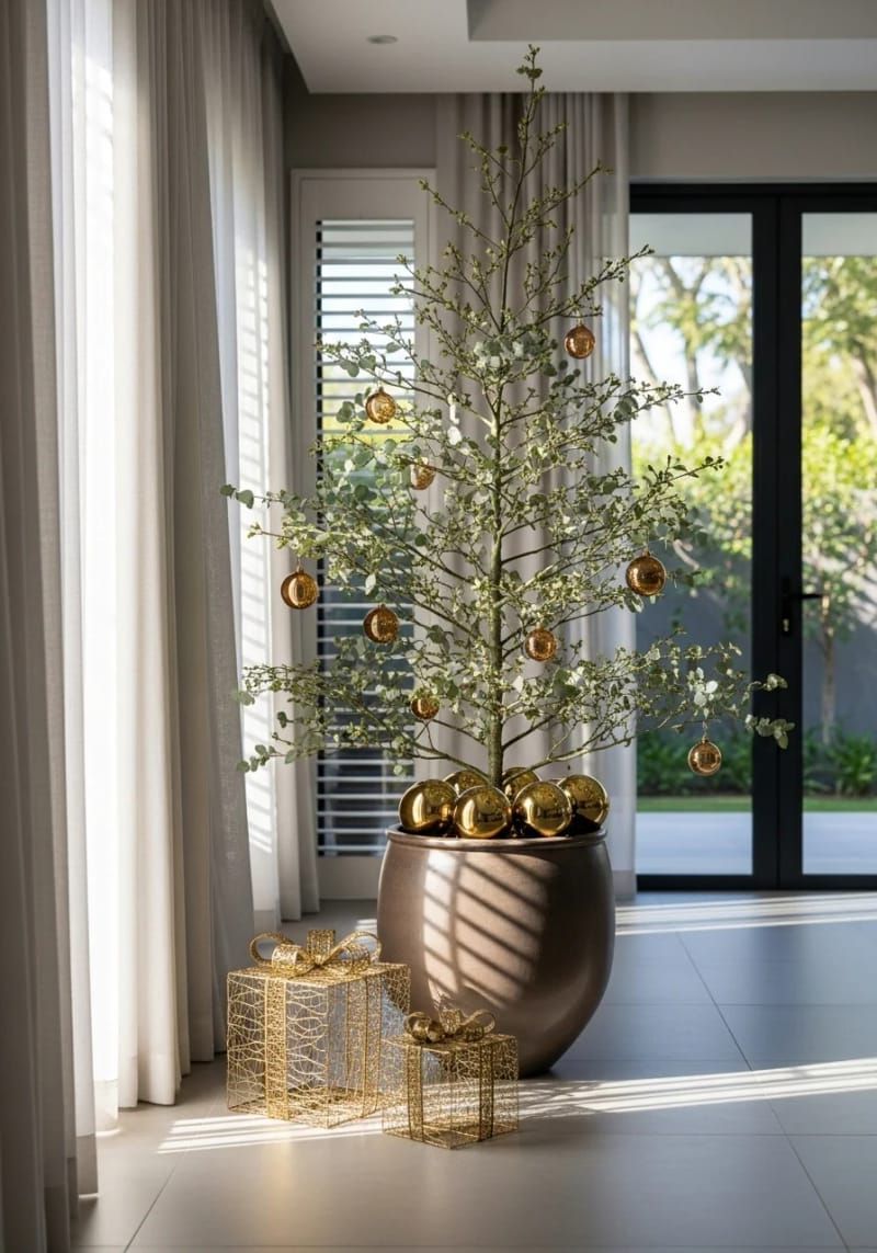 modern minimalist tree with amber glass ornaments and eucalyptus sprigs 1