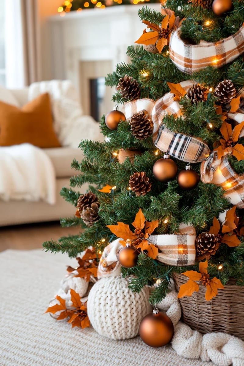 buffalo plaid ribbon intertwined with burnt orange leaves and berries 1