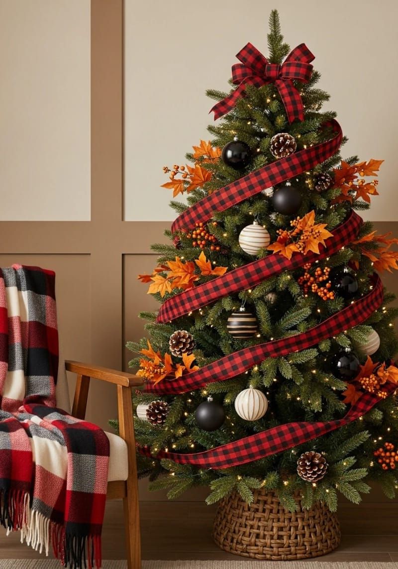 buffalo plaid ribbon intertwined with burnt orange leaves and berries 1