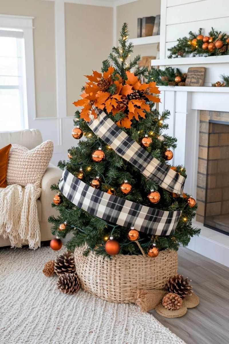 buffalo plaid ribbon intertwined with burnt orange leaves and berries 1
