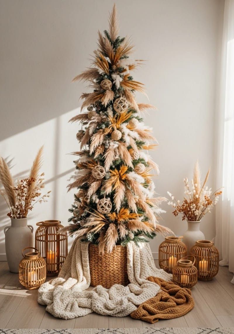 boho tree decorated with pampas grass, wheat, and natural twine 1