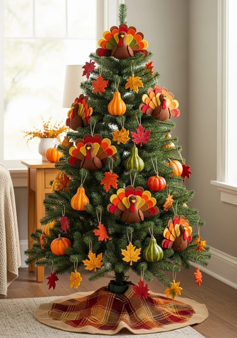 kids’ tree featuring felt turkeys, mini gourds, and leaf cutouts 1