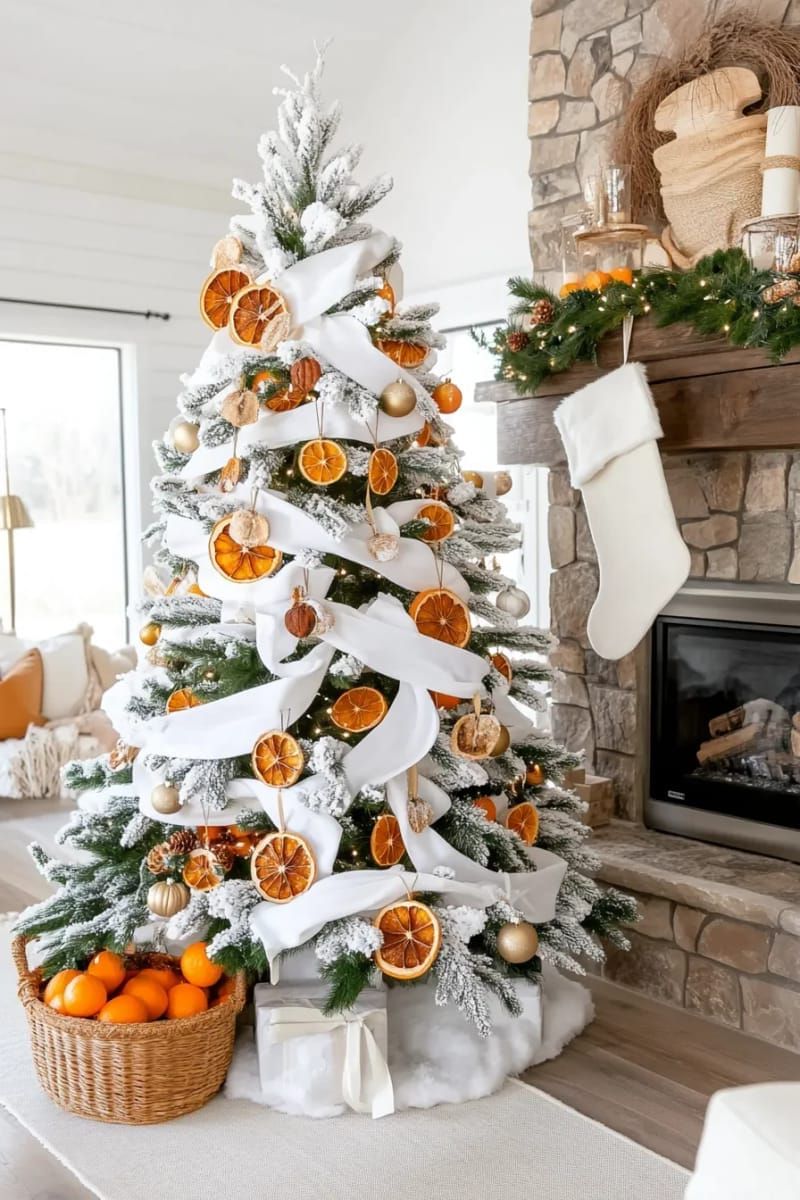 white christmas tree with gold acorns and dried orange slices 1