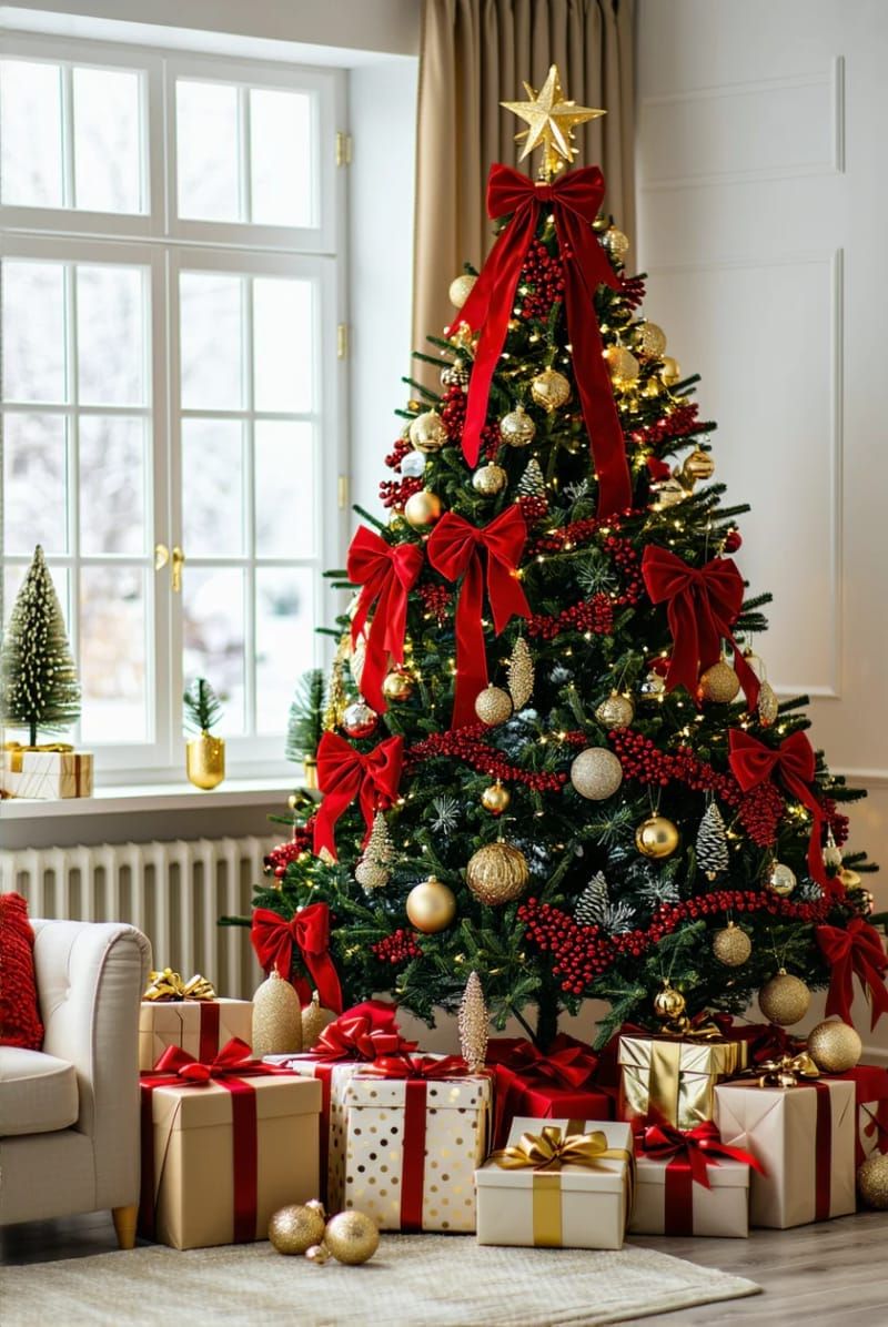 traditional tree decked with velvet ribbon, cranberry garland, and gold pinecones 1
