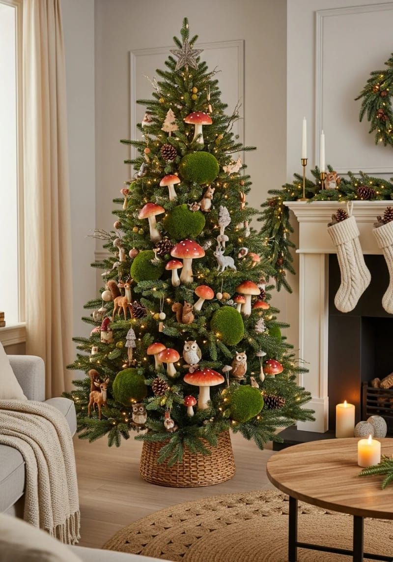 woodland-inspired tree with faux mushrooms, moss, and little woodland animals 1
