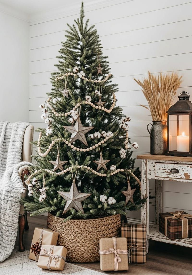 farmhouse style with wood bead garland, cotton stems, and rustic stars 1