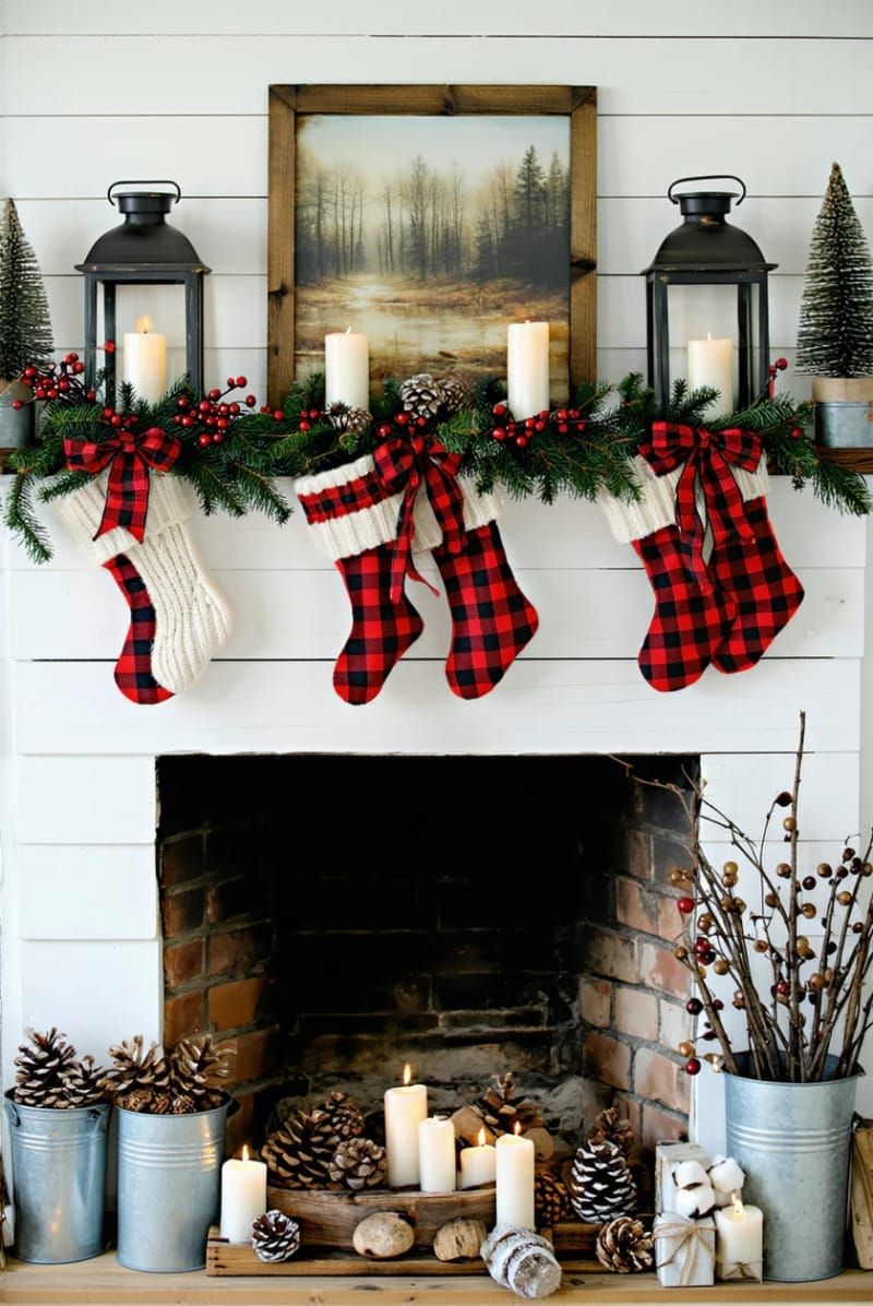 farmhouse-style mantel draped with plaid ribbons and red berry sprigs 1