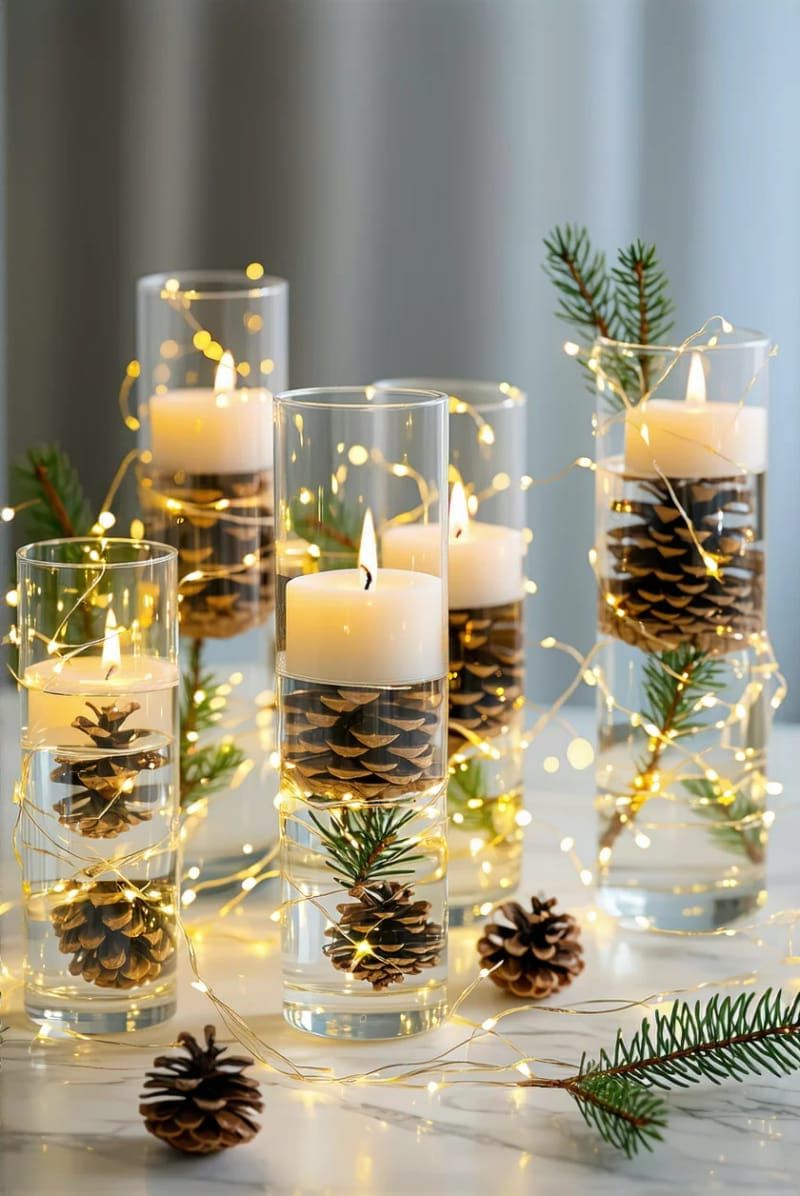 floating candles in clear vases with pinecones and twinkle lights 1