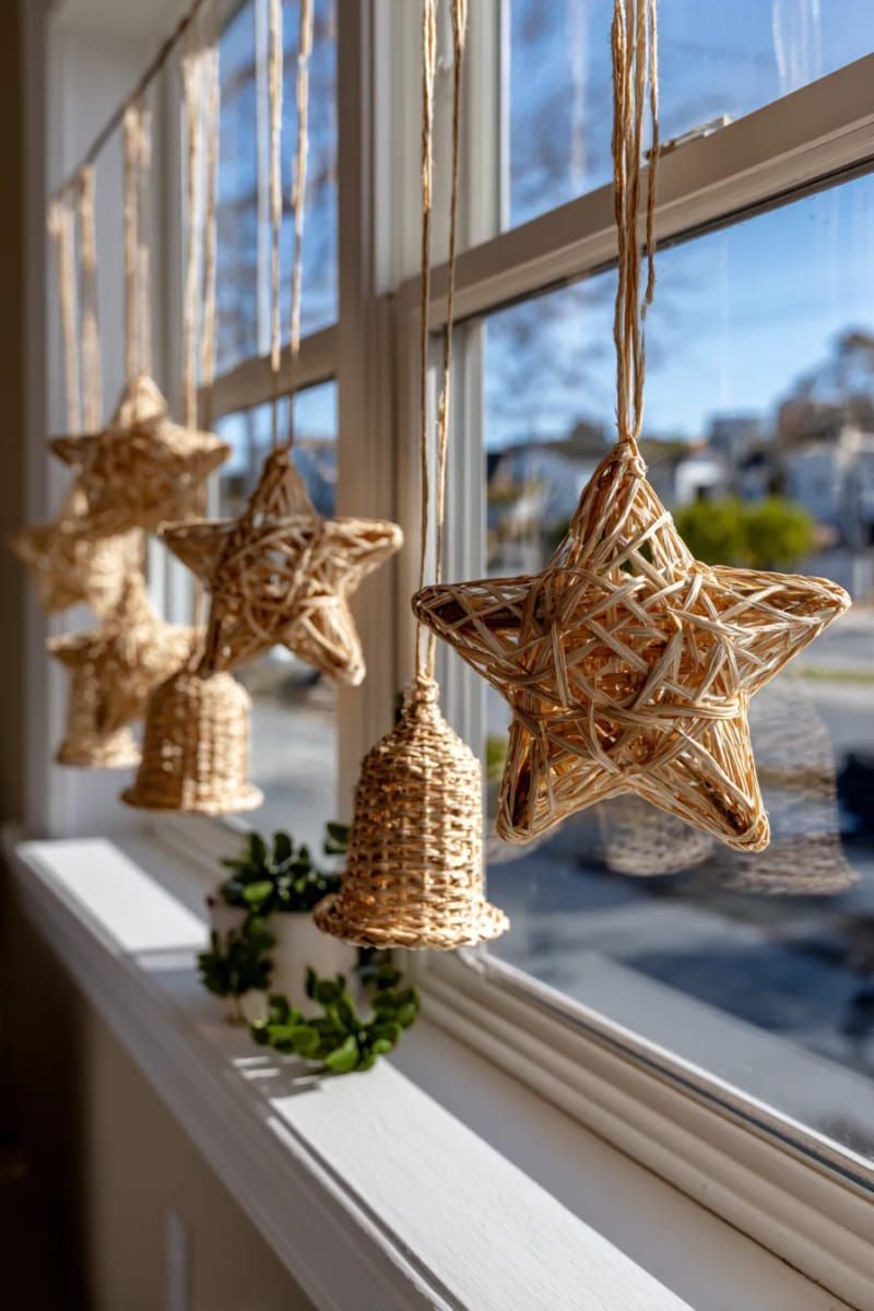woven straw stars and bells hanging in the window 1