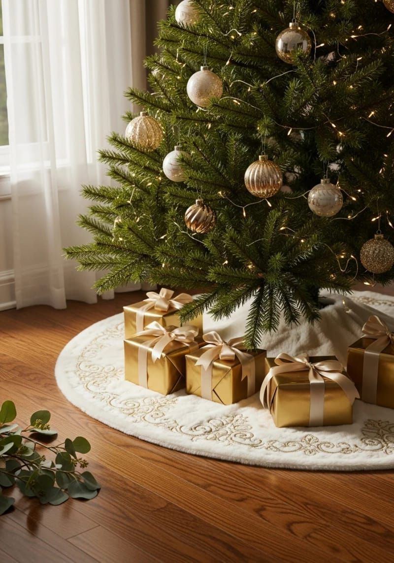 elegant christmas tree skirt in faux fur and gold accents 1