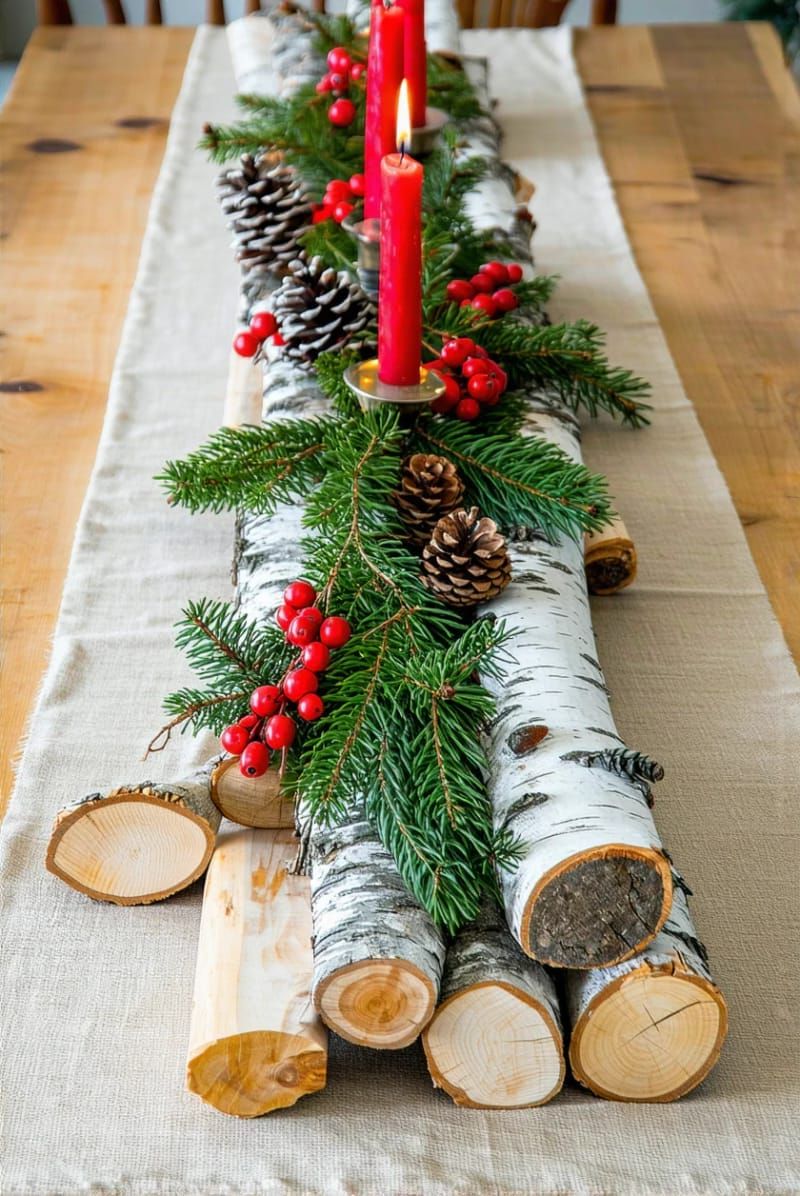 birch log centerpiece with evergreen sprigs and cranberries 1