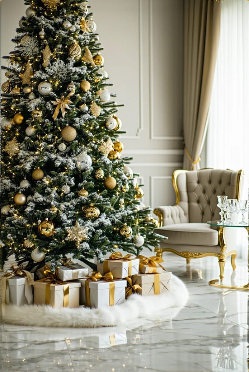 elegant christmas tree skirt in faux fur and gold accents 1