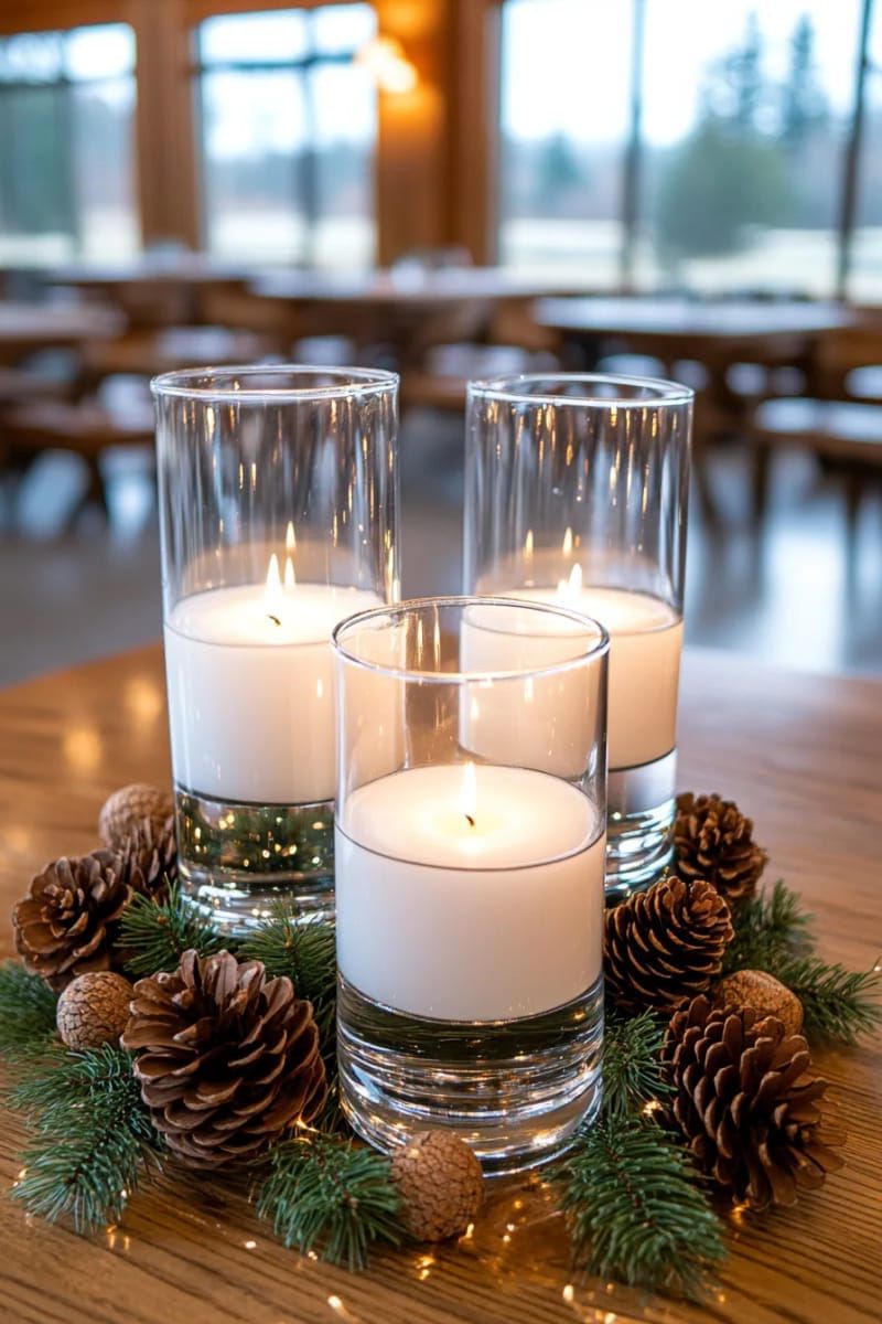 floating candles in clear vases with pinecones and twinkle lights 1