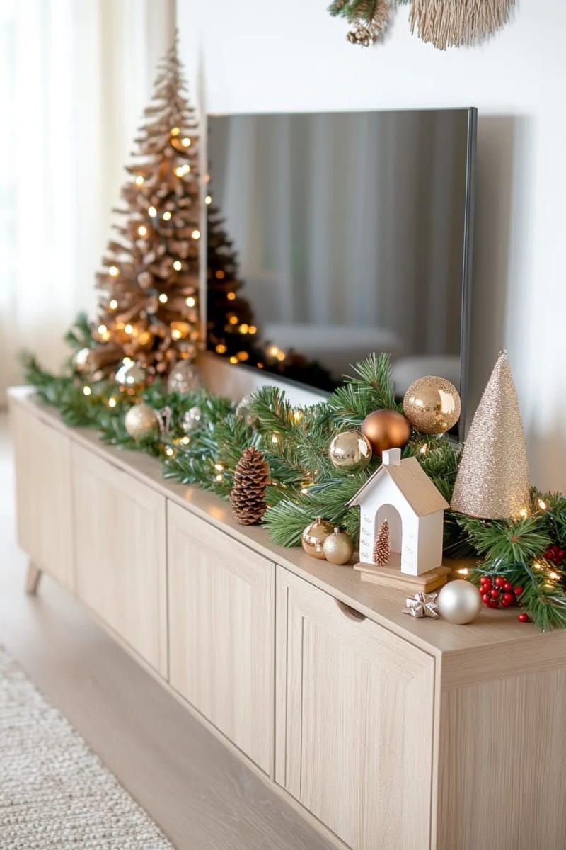 fairy light-wrapped garland draped above the tv stand for festive glow 1
