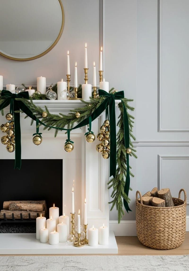 velvet ribbon garlands with gold bells over a white fireplace mantel 1