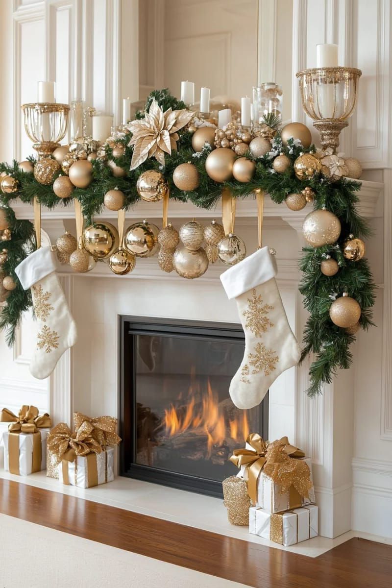 white and gold mantel with layered greenery and shimmered ornaments 1