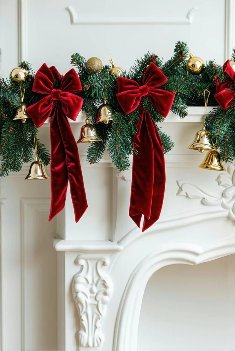 velvet ribbon garlands with gold bells over a white fireplace mantel 1