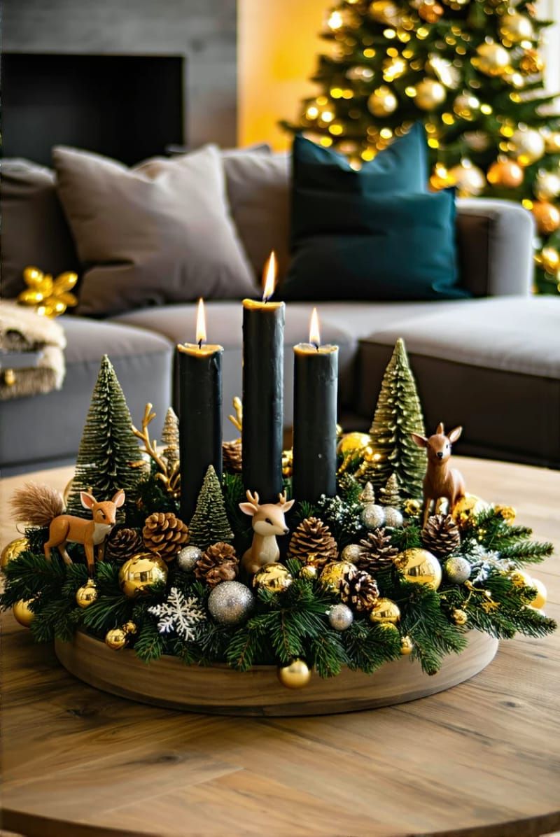 forest animal figurines and mini bottle brush trees with candle clusters 1