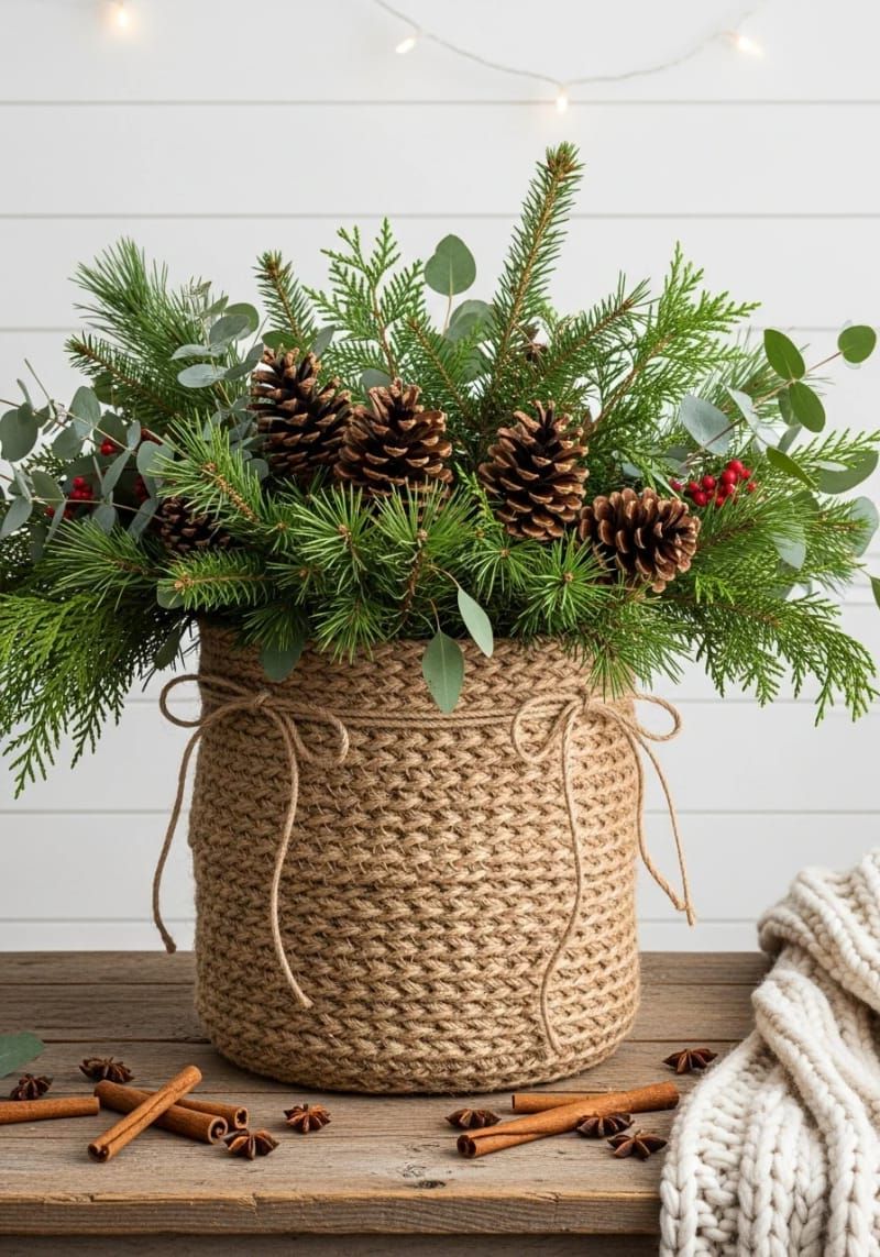 diy jute basket vase filled with pine branches and natural pinecones 1