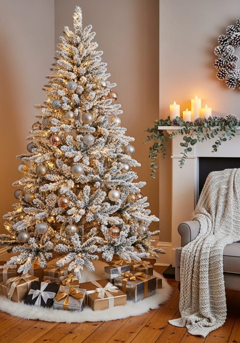 snow-dusted flocked christmas tree with metallic ornaments 1