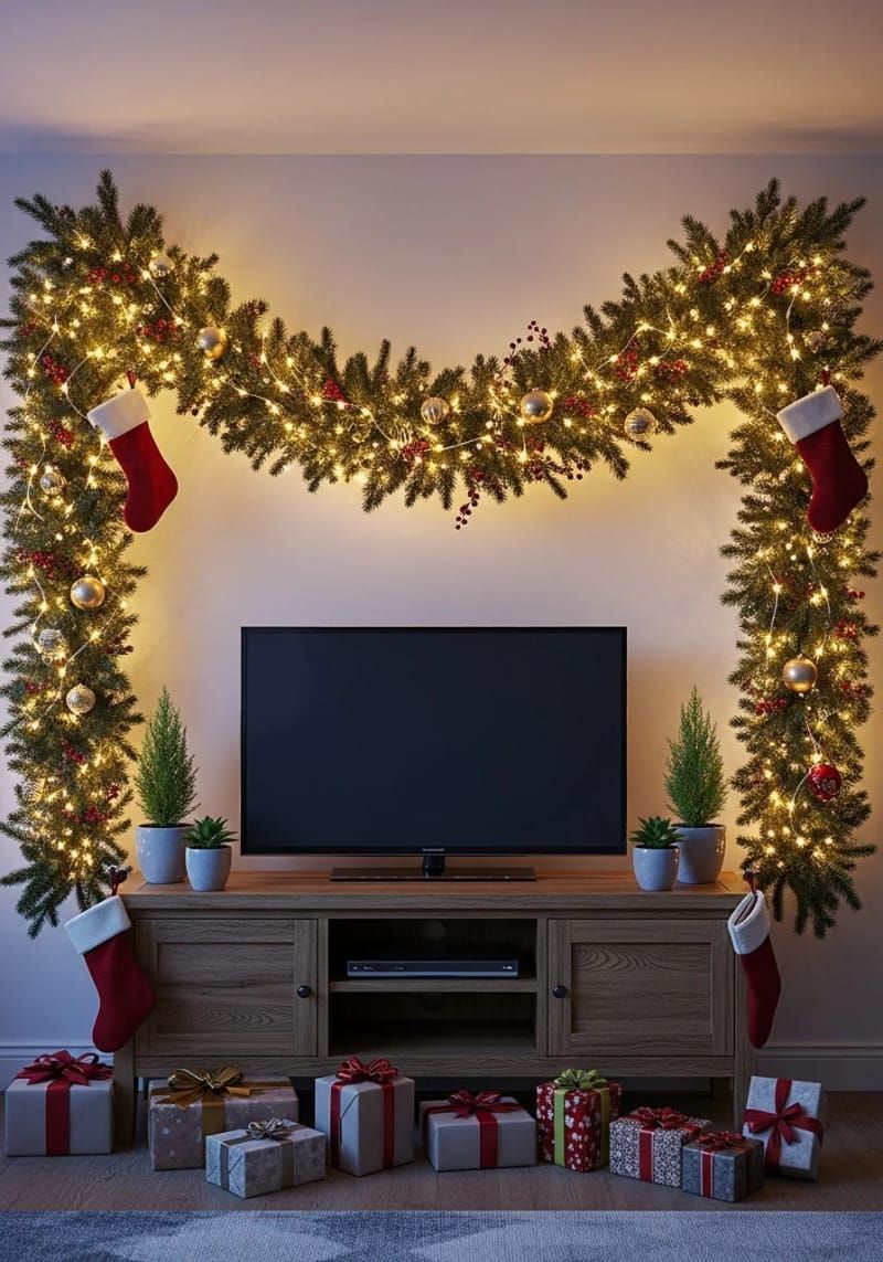 fairy light-wrapped garland draped above the tv stand for festive glow 1