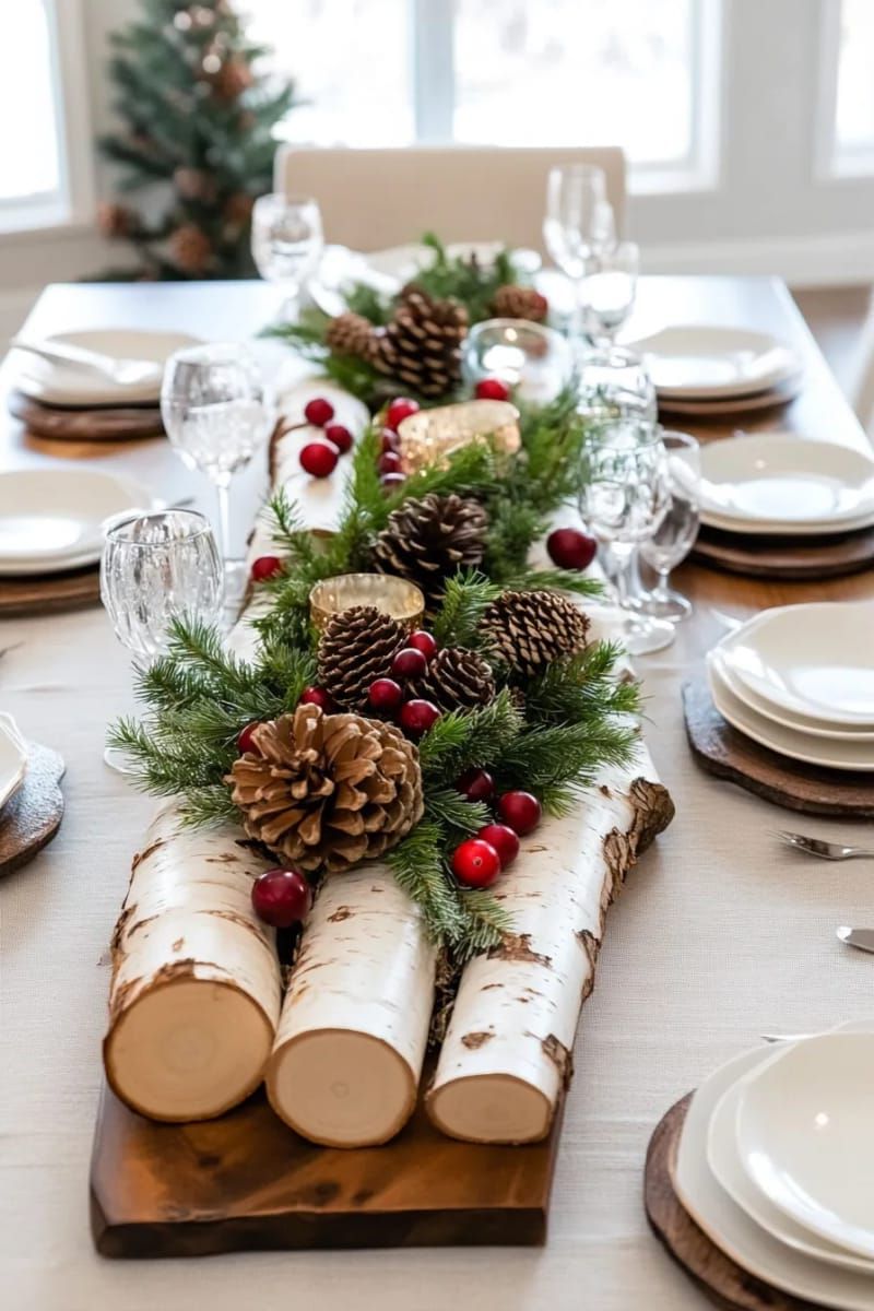birch log centerpiece with evergreen sprigs and cranberries 1