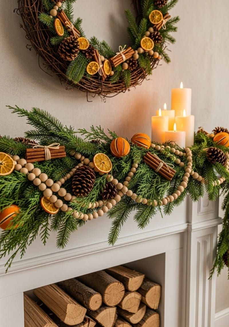 evergreen garland with dried orange slices and cinnamon stick bundles 1