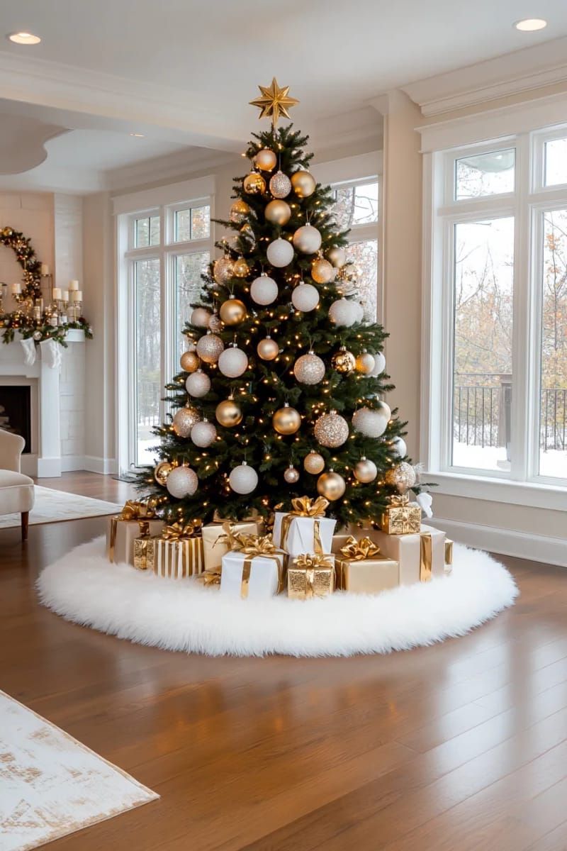 elegant christmas tree skirt in faux fur and gold accents 1