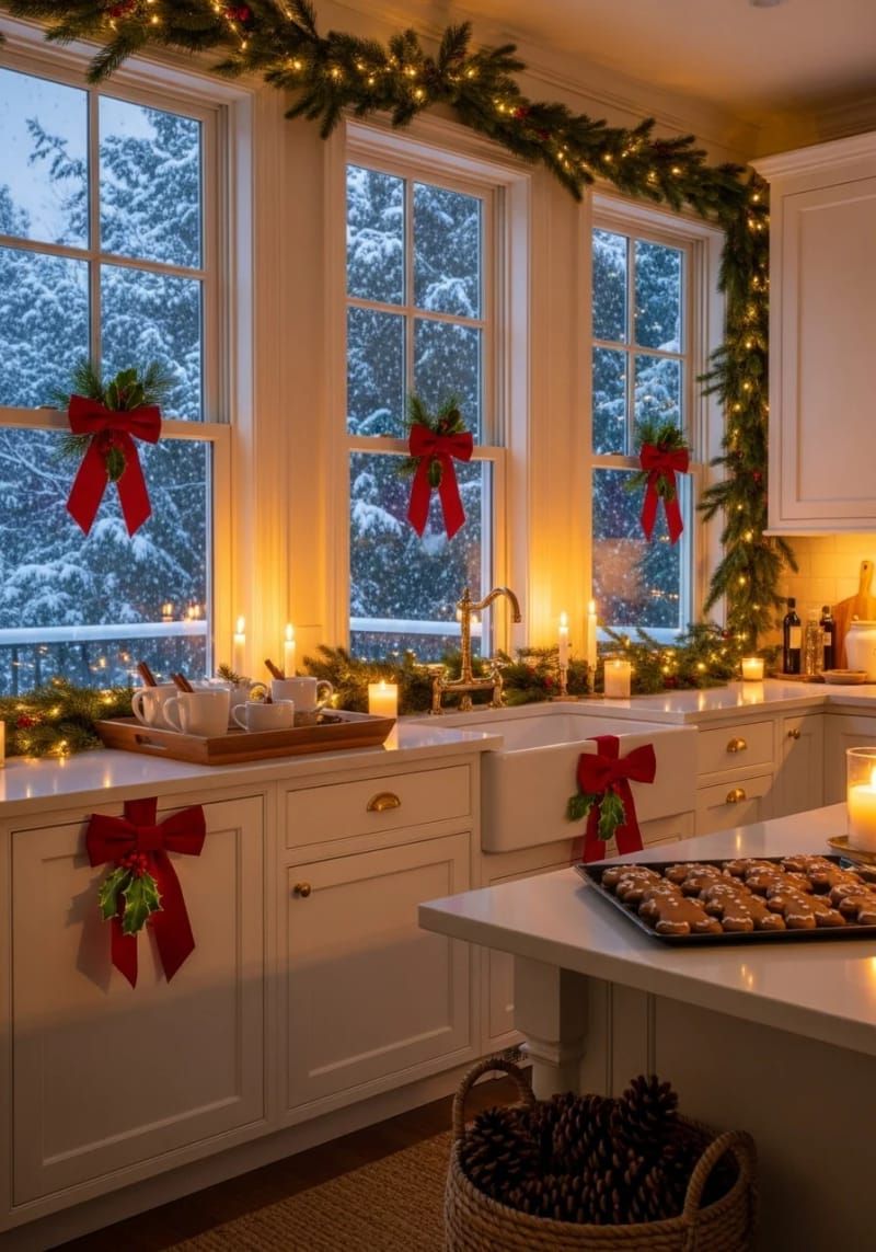 red velvet bows tied to cabinet handles and window locks 1