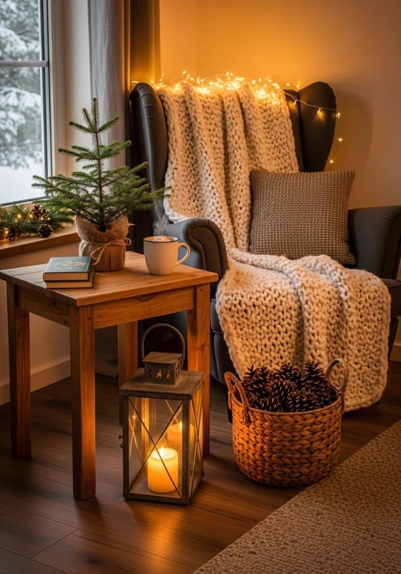 cozy armchair corner with chunky throw, lantern, and mini fir tree 1