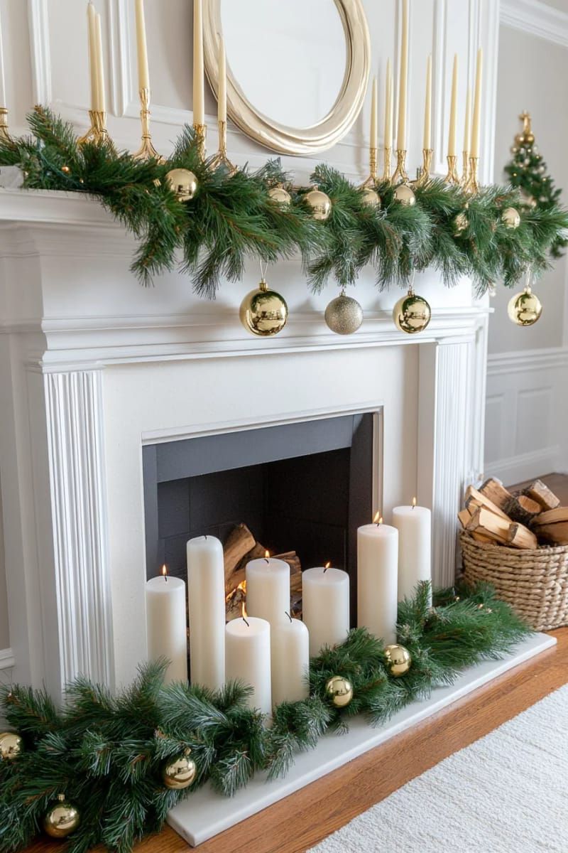 velvet ribbon garlands with gold bells over a white fireplace mantel 1