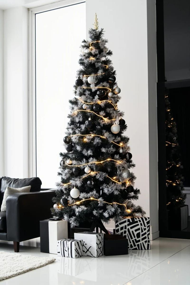 modern black and white tree with matte and glossy ornament mix 1