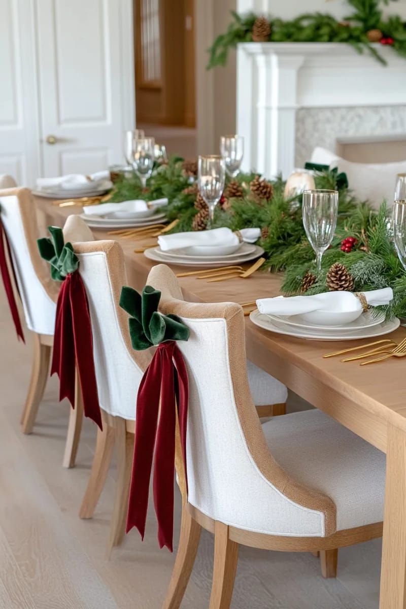 fresh greenery swags on the backs of dining chairs 1