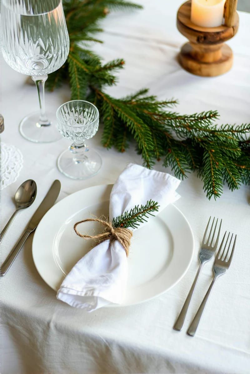 minimalist table setting with a single pine sprig on each plate 1