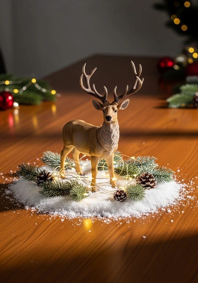 stag figurine centerpiece surrounded by faux snow and twinkle lights 1